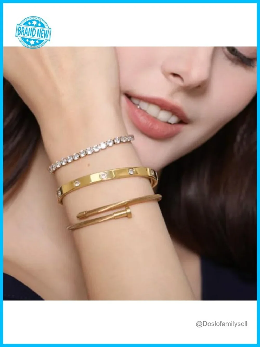18K Gold Plated Stackable Love Bangle Bracelet Set 3 Pcs Stainless Steel CZ
